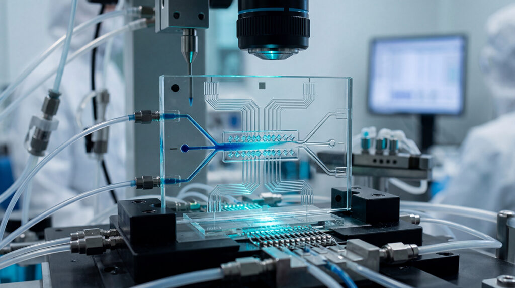 A translucent lab-on-a-chip device glows with blue light while connected to precision tubes and sensors. The sterile environment emphasizes advanced scientific innovation and medical progress.