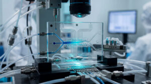 A translucent lab-on-a-chip device glows with blue light while connected to precision tubes and sensors. The sterile environment emphasizes advanced scientific innovation and medical progress.