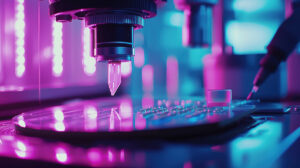 Close-up of precision equipment processing a circuit board under vibrant neon lighting.